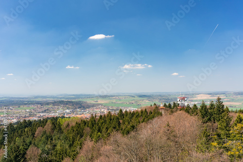 View from Jarnik tower. Auntumn color. View on medieval Town Pisek above the river Otava, Czech Republic. Landscape, trees, forest, nature, clear sky. South Bohemia. photo