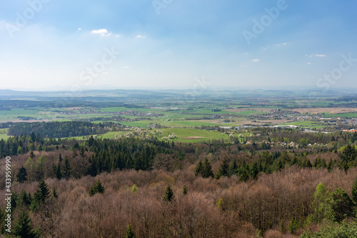 View from Jarnik tower. Auntumn color. View on medieval Town Pisek above the river Otava, Czech Republic. Landscape, trees, forest, nature, clear sky. South Bohemia. photo