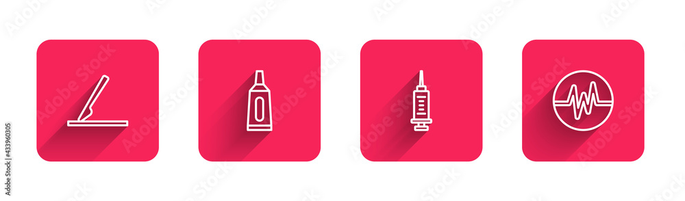 Set line Medical surgery scalpel, Ointment cream tube medicine, Syringe and Heart rate with long shadow. Red square button. Vector Set line Medical surgery scalpel, Ointment cream tube medicine, Syringe and Heart rate with long shadow. Red square button. Vector