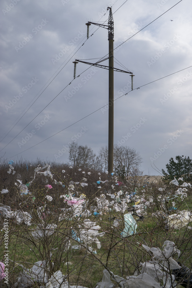 Obraz premium Lutsk, Volyn region, Ukraine, April 11, 2019; Garbage dump. Plastic bags on bushes and trees. Ecology. Danger. Environmental pollution.
