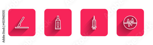 Set line Medical surgery scalpel, Ointment cream tube medicine, Syringe and Heart rate with long shadow. Red square button. Vector