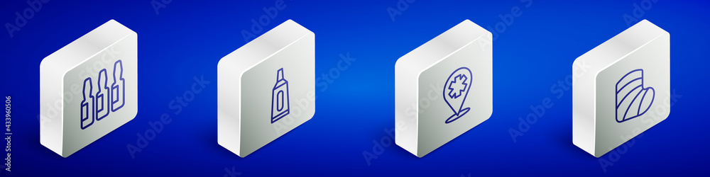 Set Isometric line Medical vial, ampoule, Ointment cream tube medicine, Location with cross hospital and Gypsum icon. Vector