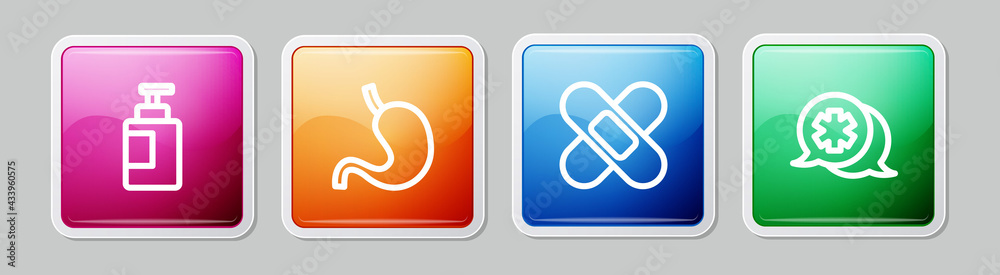 Set line Hand sanitizer bottle, Human stomach, Crossed bandage plaster and Dialogue with the doctor. Colorful square button. Vector Set line Hand sanitizer bottle, Human stomach, Crossed bandage plaster and Dialogue with the doctor. Colorful square button. Vector