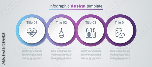 Set line Heart rate, Enema, Medical vial, ampoule and Gypsum. Business infographic template. Vector