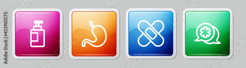 Set line Hand sanitizer bottle, Human stomach, Crossed bandage plaster and Dialogue with the doctor. Colorful square button. Vector