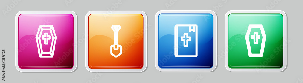 Set line Coffin with cross, Shovel, Holy bible book and . Colorful square button. Vector