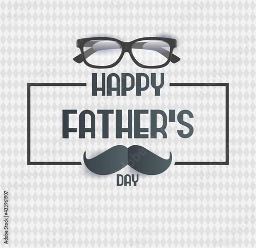 card or banner on Happy Father's Day in gray with a pair of glasses above and a mustache below on a white background with gray diamonds