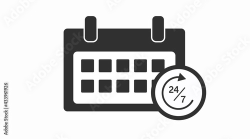 Calendar 24 7 Icon. Vector isolated black and white flat illustration