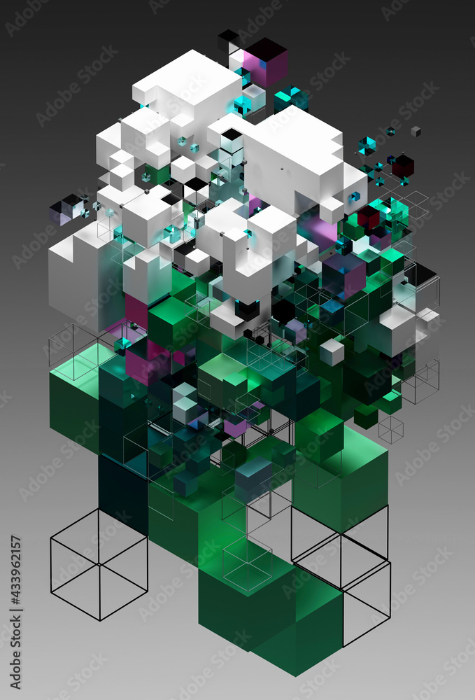 Obraz premium 3d render of abstract 3d art with surreal build cubical structure based on small and big boxes in white plastic green and purple metal and blue glass material on grey gradient color background