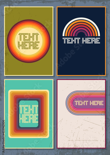 1970s Background Set, Vintage Posters Templates, Retro Colors Combinations, Grunge Texture Pattern 
