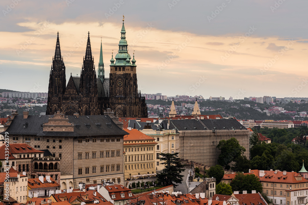 Sunset view of Prague with the Prague Castle, Czechia