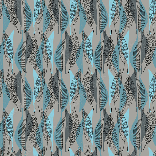 Seamless pattern with tropical leaves in retro 1970s style. Vector illustration on blue backgroud for surface design and other design projects