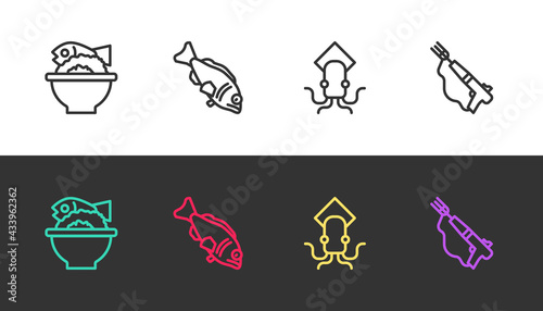 Set line Served fish on a bowl, Fish, Octopus and Fishing harpoon on black and white. Vector