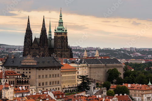 Sunset view of Prague with the Prague Castle, Czechia