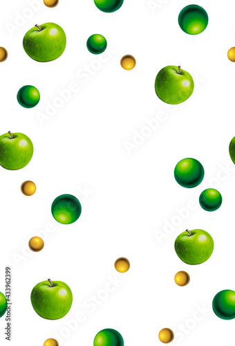 drawn by hand green apples and balls, Seamless pattern. Food background for design.