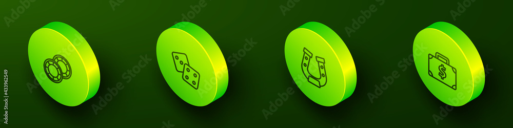 Set Isometric line Casino chips, Game dice, Horseshoe and Briefcase and money icon. Vector