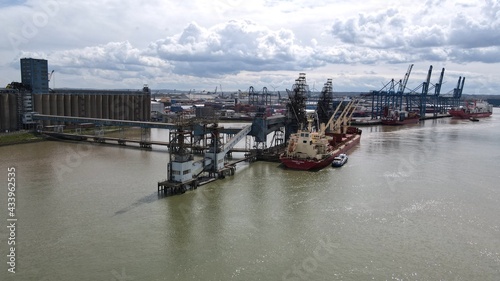 Slika na platnu Tilbury Docks Essex ships loading , unloading UK Aerial footage 4K