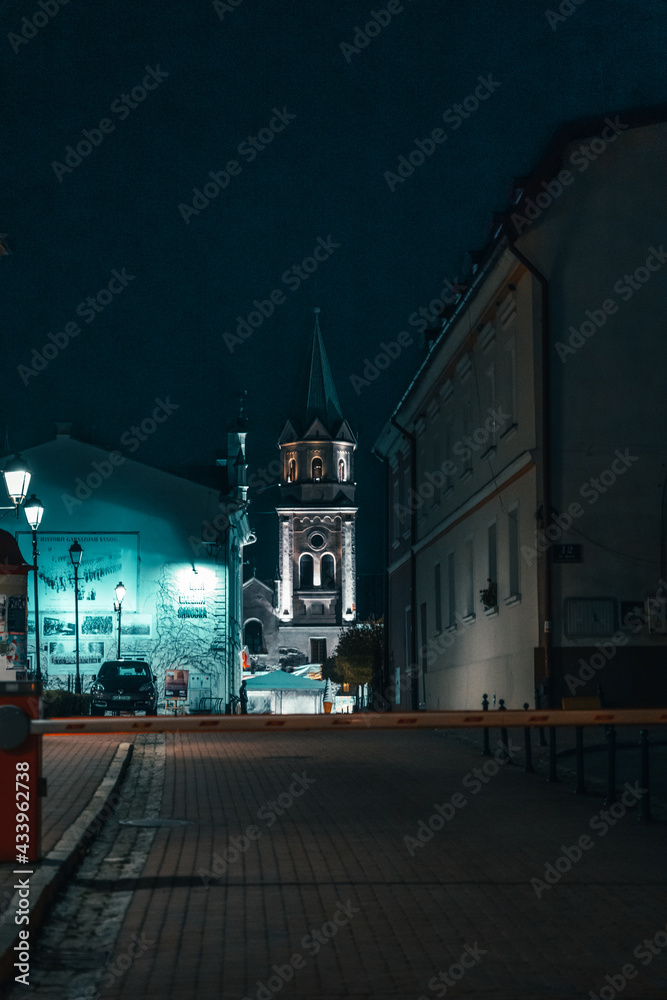 Illuminated church tower
