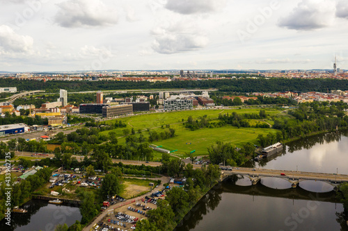 Photography Aerial view of the Liben Bridge in Prague