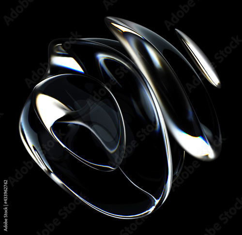 3d render of abstract art 3d sculpture with surreal alien dark flower in curve wavy spherical biological lines forms in glass and matte black rubber material on isolated black background