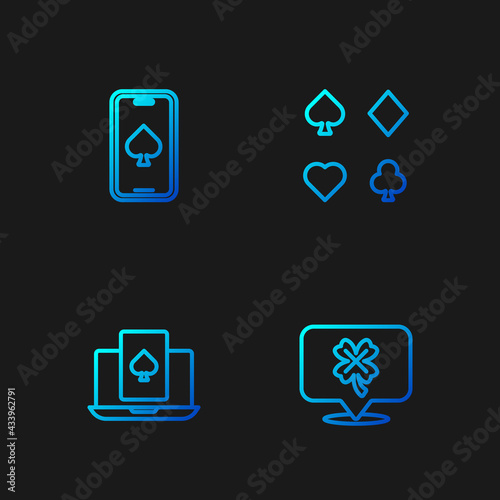 Set line Casino slot machine with clover, Online poker table game, and Deck of playing cards. Gradient color icons. Vector