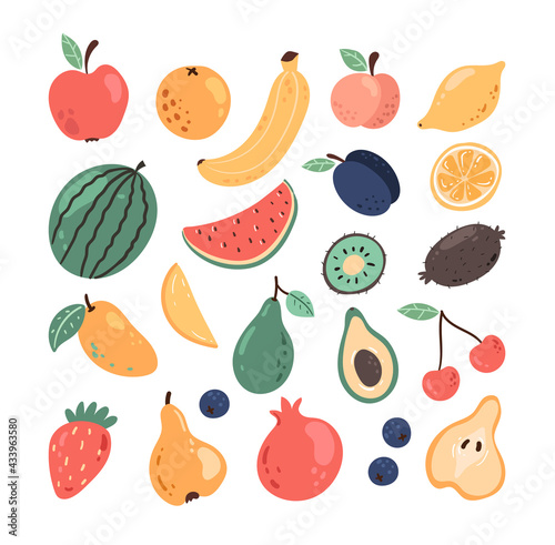 Fototapeta Naklejka Na Ścianę i Meble -  Set of simple hand drawn doodle fruits and berry isolated on white isolated background. Modern style simple flat vector illustration