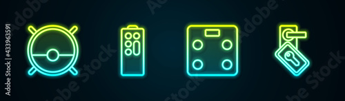 Set line Robot vacuum cleaner, Remote control, Smart bathroom scales and Digital door lock. Glowing neon icon. Vector