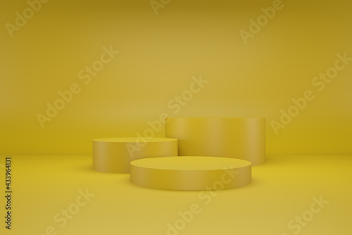 Yellow podium or stage in the yellow room, Minimal background for product stand, 3d rendering studio with geometric shapes.