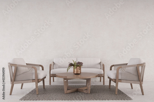 Living room interior wall mock up with beige sofa and wooden, modern living room interior background, 3d rendering 