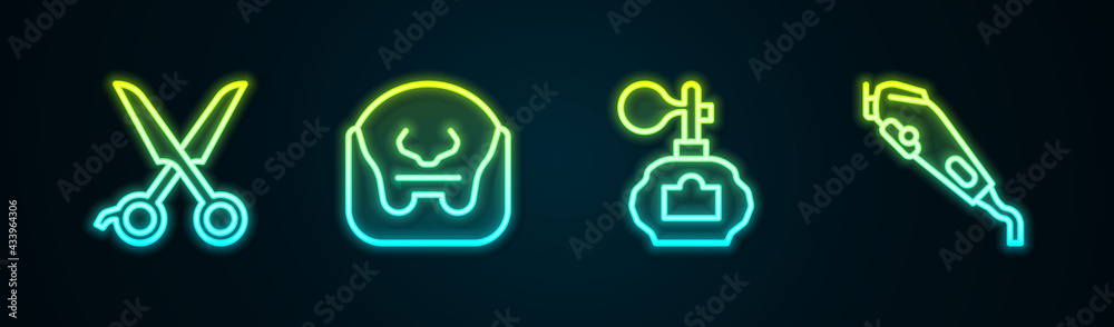 Set line Scissors hairdresser, Mustache and beard, Aftershave and Electrical clipper. Glowing neon icon. Vector Set line Scissors hairdresser, Mustache and beard, Aftershave and Electrical clipper. Glowing neon icon. Vector