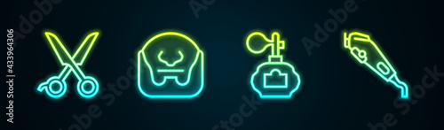 Set line Scissors hairdresser, Mustache and beard, Aftershave and Electrical clipper. Glowing neon icon. Vector