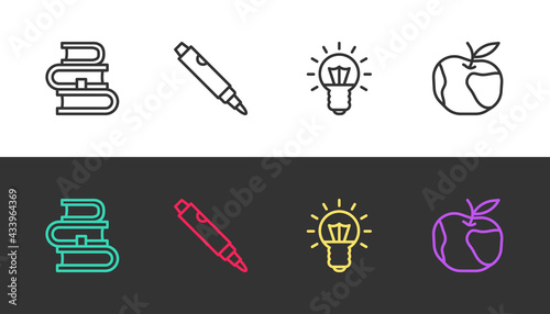 Set line Book, Marker pen, Light bulb and Apple on black and white. Vector