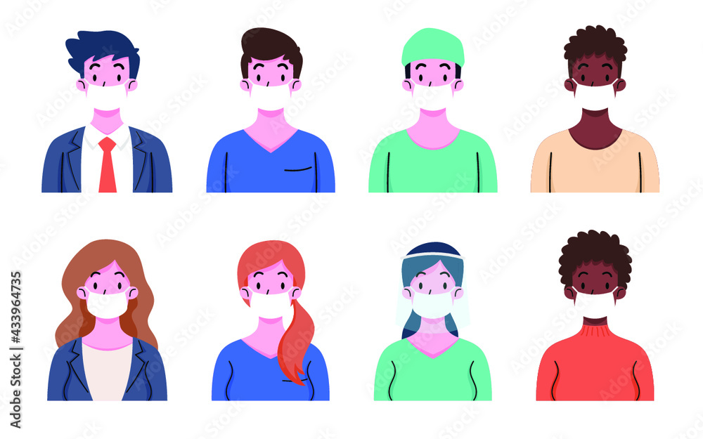Set of people wearing protective medical face masks to prevent disease, flu, air pollution, contaminated air, world pollution. Men and women protect themselves from corona, covid-19, 2019-Ncov. Set of people wearing protective medical face masks to prevent disease, flu, air pollution, contaminated air, world pollution. Men and women protect themselves from corona, covid-19, 2019-Ncov.