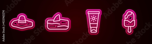 Set line Elegant women hat, Shark fin in ocean wave, Sunscreen cream tube and Ice. Glowing neon icon. Vector