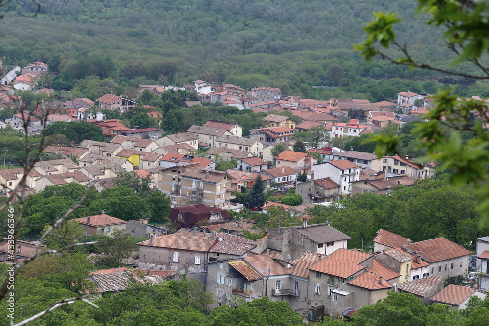 Roccamonfina, Italy - May 16, 2021: Panoramic photo of the town