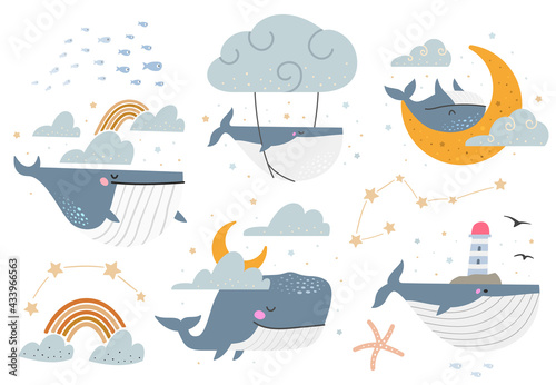 Celestial whales vector set. Collection of various fantasy illustrations with whales.