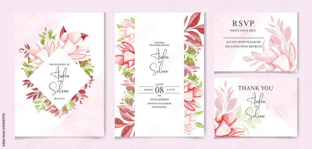 Floral wedding invitation template set with brown and peach roses flowers and leaves decoration. watercolor floral frame and border decoration. botanic illustration for card composition design