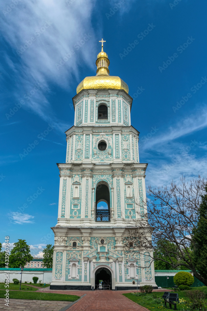 Kyiv, Ukraine - May 14, 2021: Saint Sophia Cathedral and belltower in Kiev, Ukraine. The famous historical monument, built by Prince Yaroslav the Wise in Kievan Rus, 1037