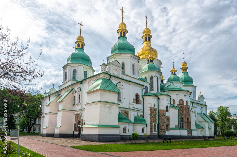 Kyiv, Ukraine - May 14, 2021: Saint Sophia Cathedral in Kiev, Ukraine. The famous historical monument, built by Prince Yaroslav the Wise in 1037. Ancient Christian Orthodox churches with golden domes