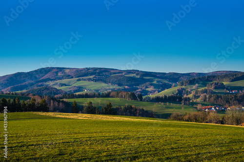 Germany, Schwarzwald panoramic view nature landscape of green fruitful meadows and endless forest in warm sunset atmosphere near st peter