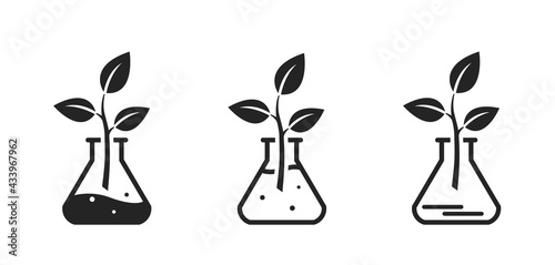 Environmental chemistry icon set. non-toxic symbols. chemical flask with leaf. eco, organic and laboratory symbols