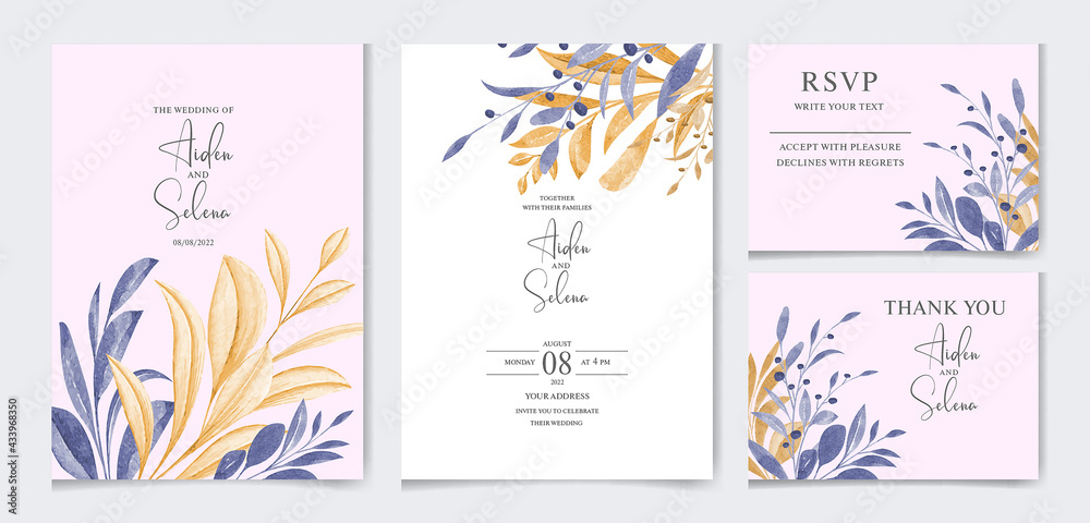 Watercolor wedding invitation card template set with beautiful leaves frame and border decoration. botanic illustration for card composition design.