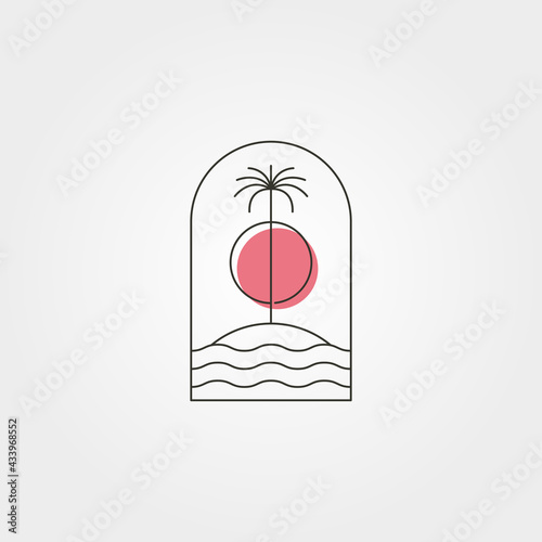 palm tree island line logo vector symbol with sunset illustration design, minimal emblem design
