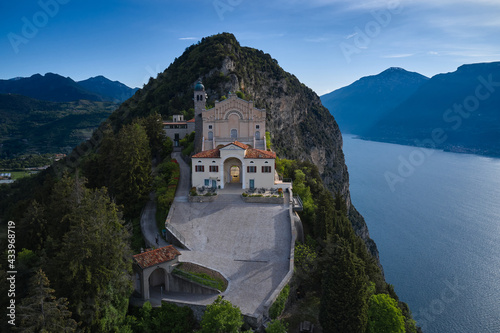 Catholic Church Eremo di Montecastello. Lake Garda, Italy. Aerial view of the church on the mountain. Top view of the Eremo di Montecastello church. Aerial panorama of Montecastello. photo