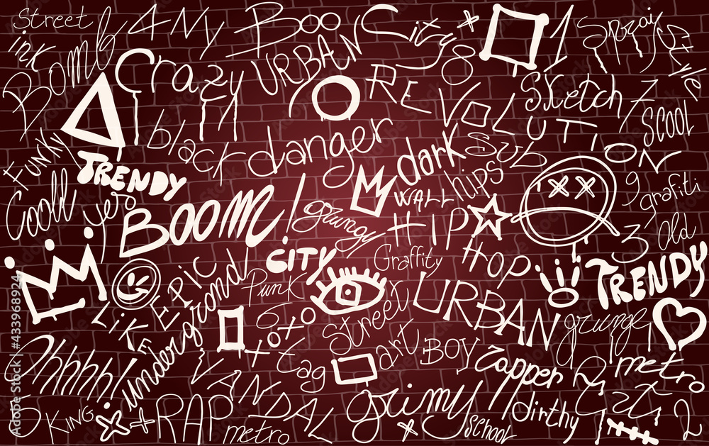 Wall with graffiti symbol writing spray-ink-tag-splash-scribble. Street  art. Modern hand draw grafiti style. Dirty artistic design elements and  words. Underground. Vector illustration Stock Vector | Adobe Stock