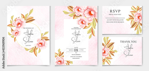 Watercolor Floral leaves and flowers on wedding invitation template. with watercolor floral frame and border decoration. botanic illustration for card composition