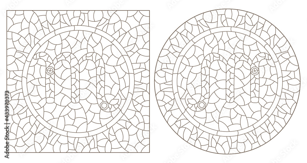 Set of contour illustrations in the style of stained glass with the signs of the zodiac scorpio, dark contours on a white background
