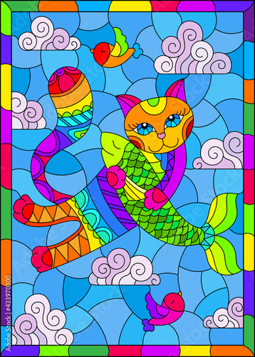 Illustration in the style of stained glass with a bright rainbow cat with fish against the background of the cloudy day sky, a rectangular image in a bright frame