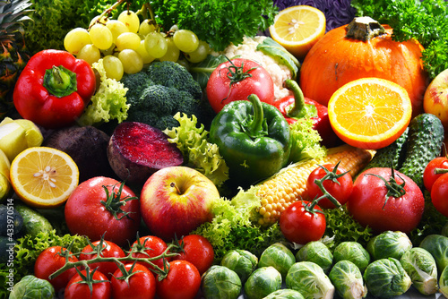 Composition with variety of fresh organic vegetables and fruits