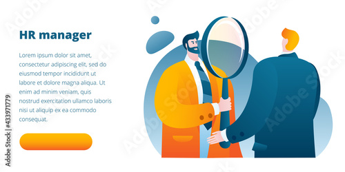 A personnel officer with a magnifying glass examines the candidate for the job.Template for a horizontal banner.
